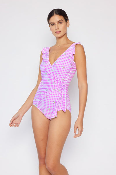 Swim Full Size Float On Ruffle Faux Wrap One-Piece in Carnation Pink